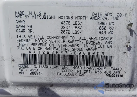 2012 Mitsubishi Galant Fe z USA, uszkodzony, nr VIN 4A32B2FF7CE008059
